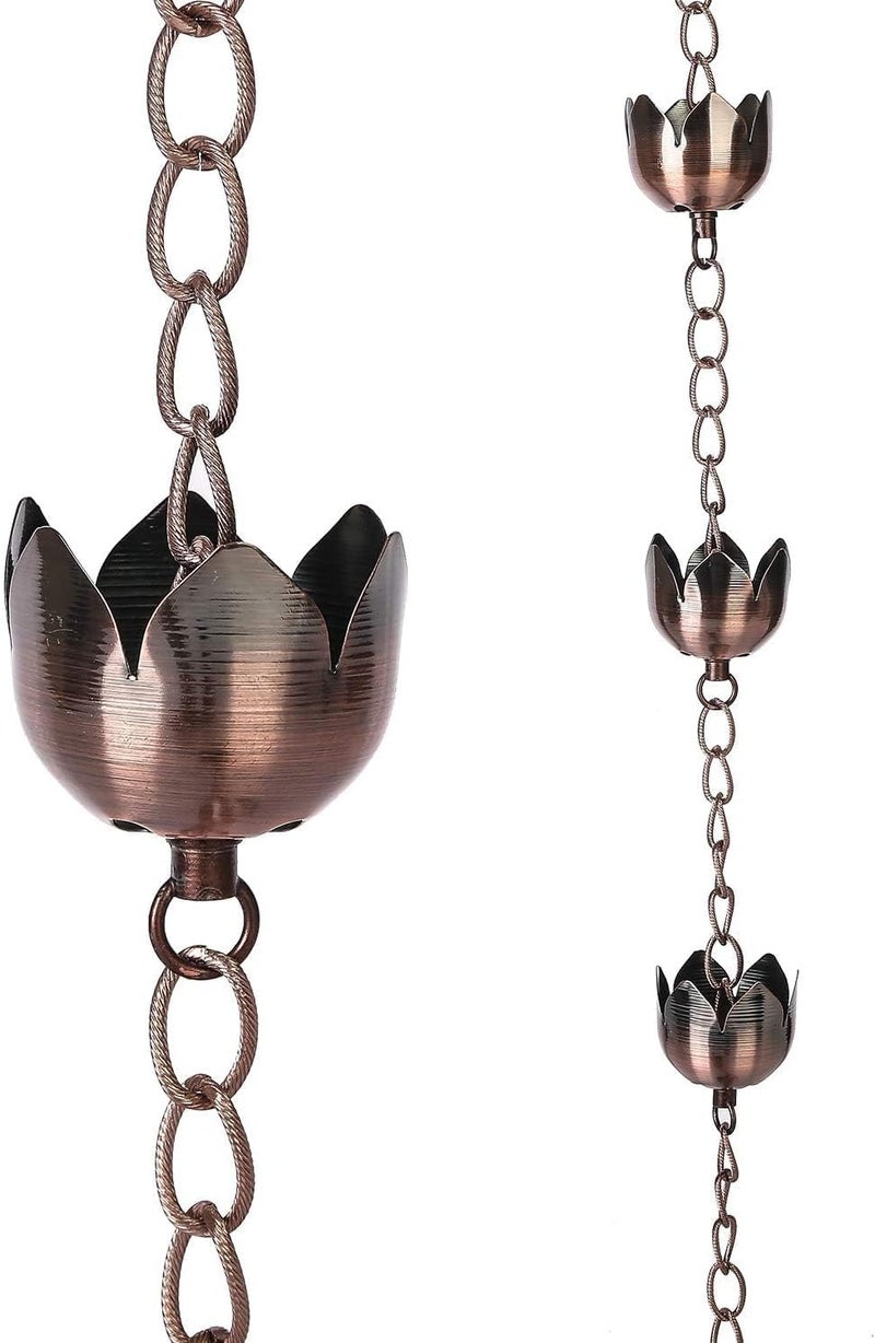 DUSVALLY Rain Chain, 5.85 FT Lotus Metal Rain Chain, Functional and Decorative Replacement for Gutter Downspouts, Divert Water and Home Display, Adjustable, Antique Brown - Image 1